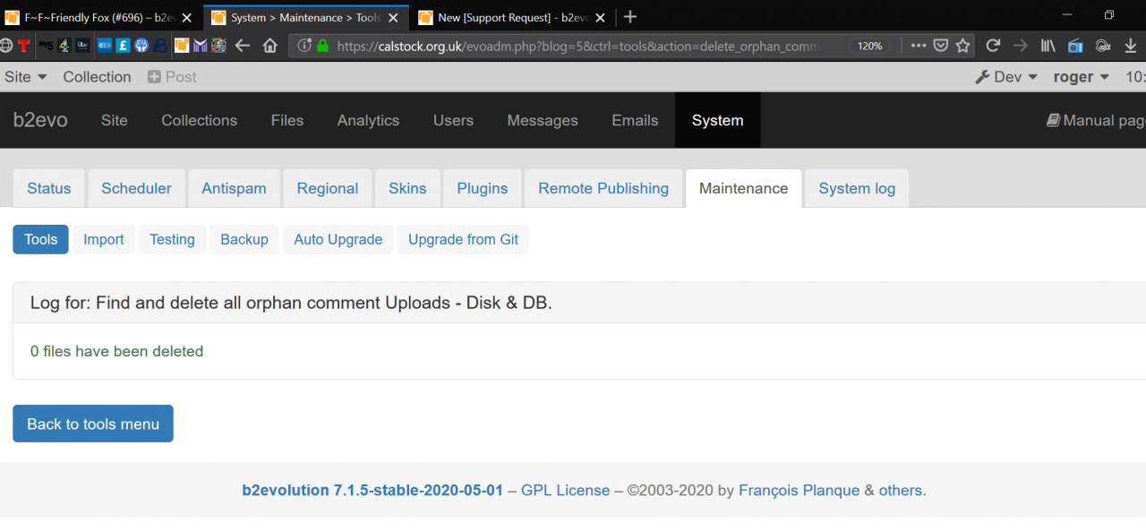 Cleanup Tools: [Back to tools menu]  button not available.
