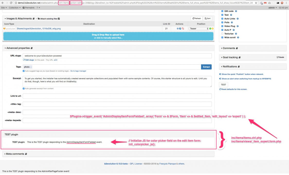 BUG 6.9.x Plugin Event AdminDisplayItemFormFieldset and init_colorpicker_js()